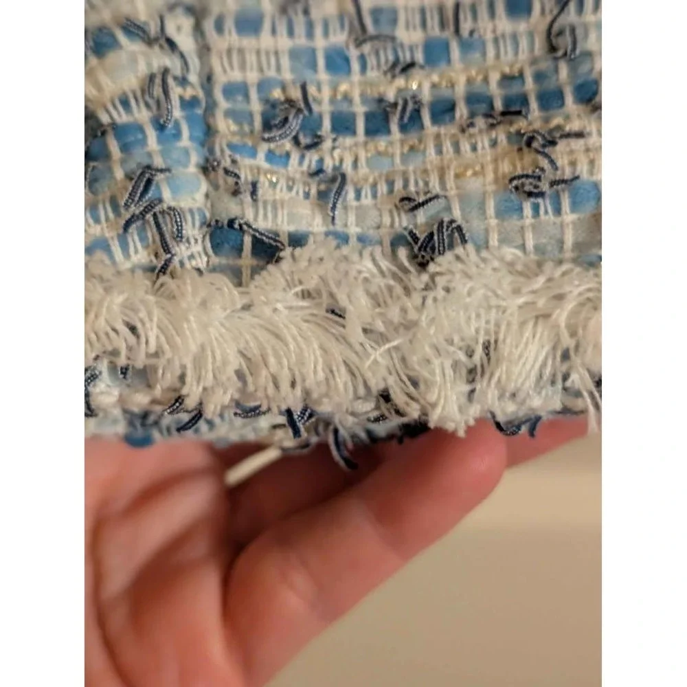 Leggiadro Blue White Boucle Tweed‎ Jacket Fringe Trim Silk Lined Size 2